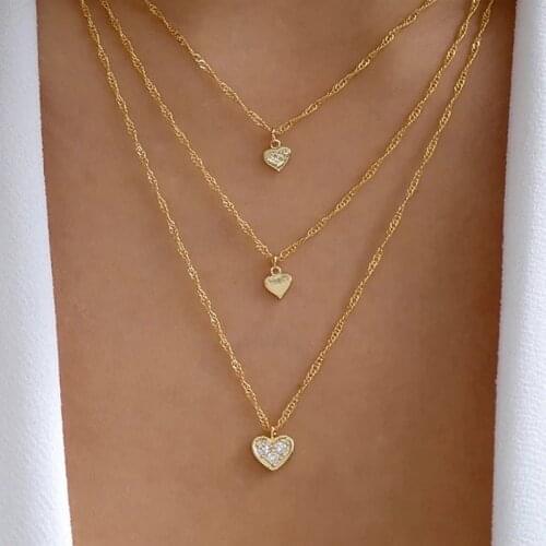 3Pcs/Set Fashion Gold Crystal Heart Necklace for Women Cute Multilayer Clavicle Chain Tiny Heart Necklace Set Party Jewelry Gift