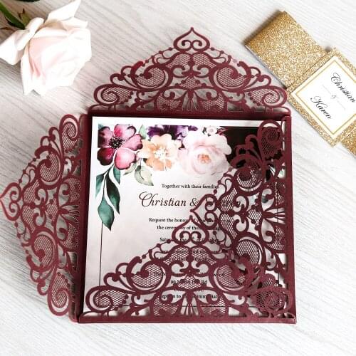 50pcs Burgundy Wedding Invitations Square Glitter Laster Cut Invitation Cards with Envelope