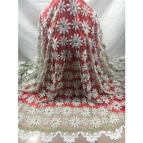 African net lace fabric JRB-10214 Pretty embroidered tulle mesh lace fabric with small and big stones