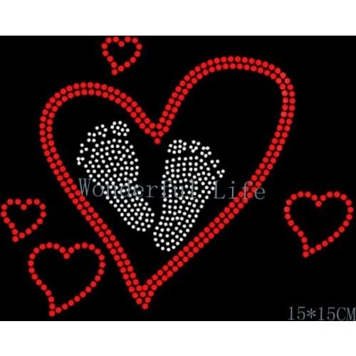 Free shipping footprint with a hart love hotfix rhinestone Iron On bling transfer design motif red with white clear crystal