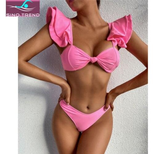 New Sexy Ruffled Knotted Pink Bikini Female Thong Swimsuit Women Swimwear Two-pieces Bow Bather Bathing Suit Swim