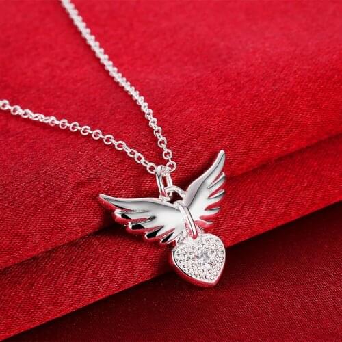 Fine 925 Sterling Silver Pendant Necklace crystal 18 inches Zircon elegant Heart wings For Women Jewelry Christmas Gifts