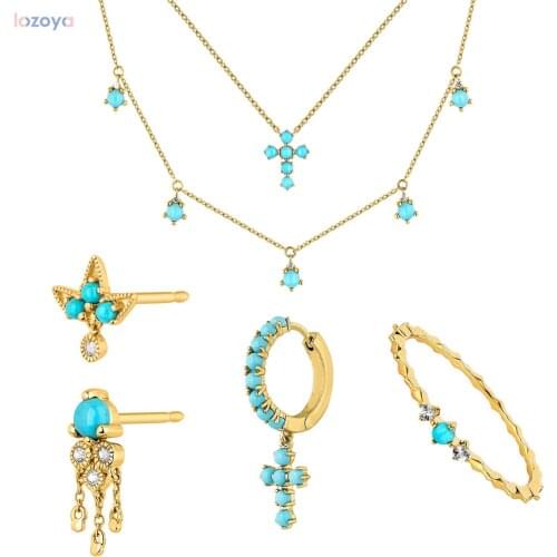 LOZOYA 925 Sterling Silver Gold Turquoise Cross Choker Earring Ring Chain Necklace Jewelry Set fake piercing Jewelry Crystal CZ