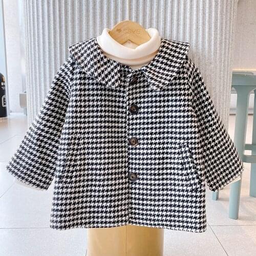 3-8 Y Baby Girls Jackets 2021 Autumn Winter Girls Korean Lapel Houndstooth Coats Kids Fashion Plaid Long Jackets Girl Outerwear