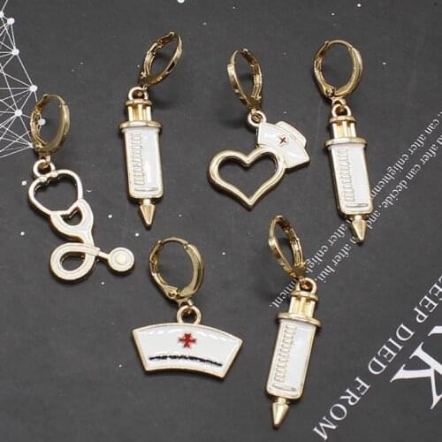 Fashion jewelry nurse doctor earrings, asymmetric earrings, syringe earrings, stethoscope earrings, medical symbol charm golden