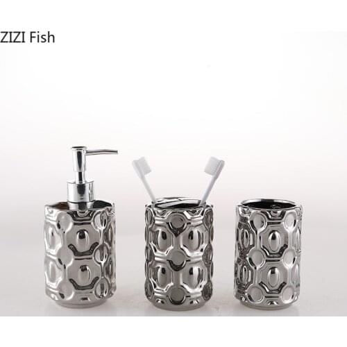 Mouthwash Cup Wash Set Silver Ceramic Bathroom Amenities Soap Dispenser and Toothbrush Holder Home Bathroom Soap Dispenser Set