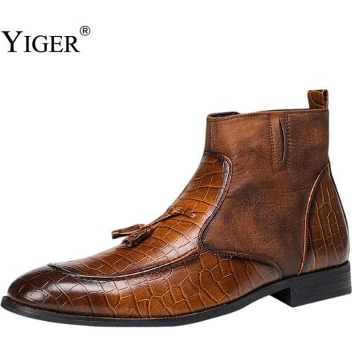 YIGER New Mens Chelsea boots Man Martins boots male Ankle boots big size Brown winter warmly snow boots man plus fur boots