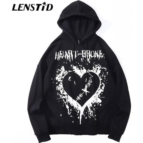 LENSTID Autumn Men Pullover Hoodies Hip Hop Graffiti Heart Letter Print Streetwear Harajuku Casual Cotton Hooded Sweatshirts