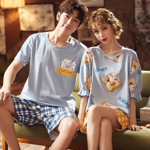 Summer Couple Pajamas Set Cartoon Blue Bread Cat Print Cute Girls Pajamas Cotton Lounge Fashion Plaid Shorts Men Women Sleepwear