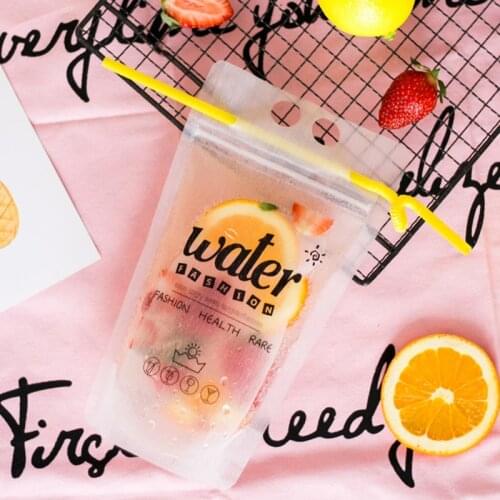 50pcs Plastic Water Bottle With Straw Disposable Frosted Drink Repeat Closed Tote Bag Self-standing Juice Coffee Liquid Bag
