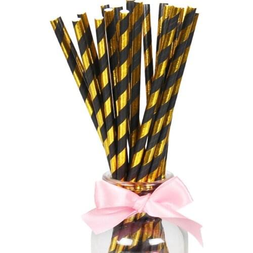 25pcs Stripe Paper Drinking Straws Gold And Black Paper Straw Wedding Birthday Party Decor Supplies Disposable Straw Tableware