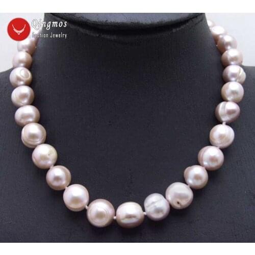 Qingmos Fashion Natural Pearl Necklace for Women with 11-14mm Purple Round Freshwater Pearl Chokers 17" Jewelry Chokers