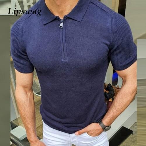 New Casual Zipper Turn-down Collar Mens Polo Shirts Solid Short Sleeve Slim Tops 2021 Summer Fashion Polo Shirt Men Streetwear