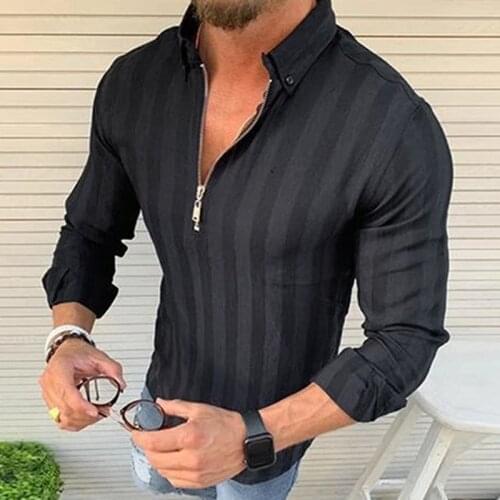 Trendy Shirts Man Solid Zipper Fashion MenS Blouses Slim Fit V Neck Long Sleeve Muscle Tops Loose Casual Button Blouse