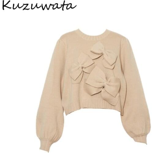 Chic Patchwork Bow Knitted Women Sweaters Autumn Winter New Fashion Sweet Pullovers Japan Style O-neck Loose Jacket