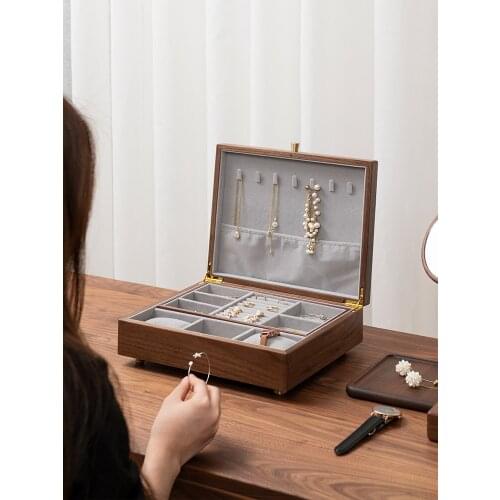 Zq Black Walnut Wooden Jewelry Box Storage Box with Lock Necklace Ear Stud Earring Ring Solid Wood Jewelry Jewelry Box