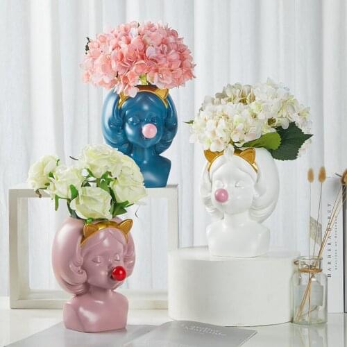 Nordic Resin Vase Home Decor Cute Girl Figurine Vases Living Room Office Desktop Decoration Art Flowers Arrangement Flower Vase