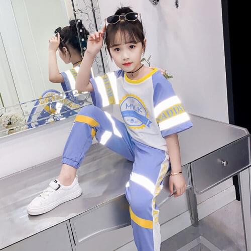 Children Sport Suit Summer Teen Girls Reflective Silver Short Sleeve Outerwear Polyester Breathable Girl Patchwork Set 5 7 9 11