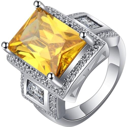UFOORO Fashion Jewelry Charm Yellow Birthstone Zircon Band Silver Filled Ring for Woman Female Wedding Engagement Love Gift