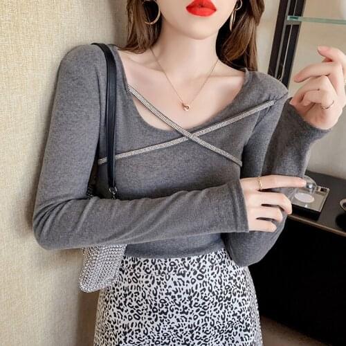 2021 Casual Autumn T Shirt Women T-Shirt Long Sleeve Korean Style Slim Cotton Tshirt Diamond Gray Tops Womens Clothing