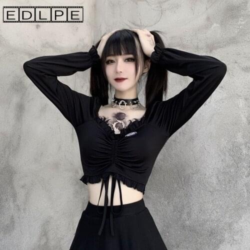 Womens Clothing Retro Style Thin Draw Fold Horn Sleeve V Collar Long Sleeve T Shirt Steetwear Gothic Unif T Shirt for Women