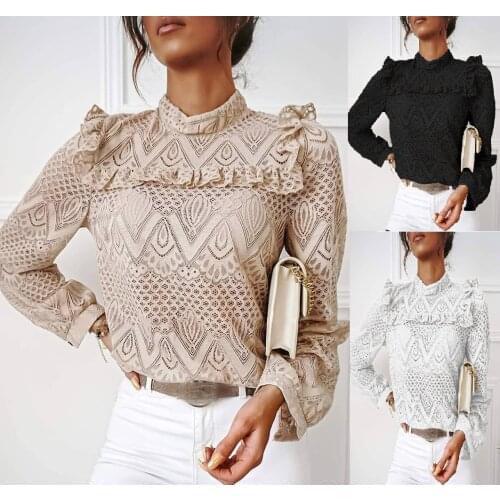 Womens Shirt Lace Ruffles Long-Sleeved Hollow Out Pullover Top Spring Fall Elastic Party Round Neck Blouse Clothes