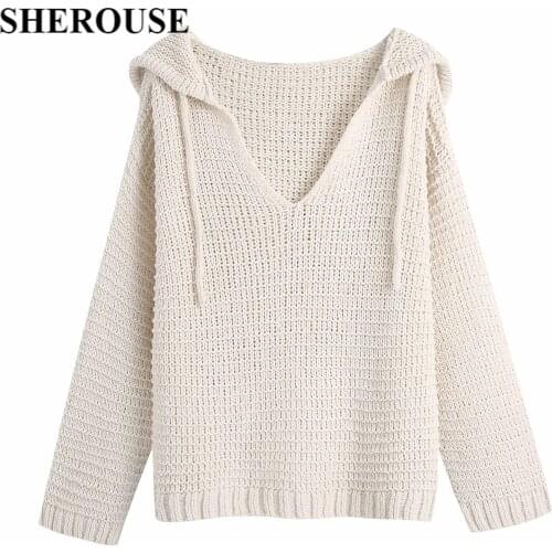 SHEROUSE 2021 Women Fashion Knitted Solid Hoodie Sweatshirts Hooded Collar Long sleeves Casual Streetwear Chic Top sweater femme