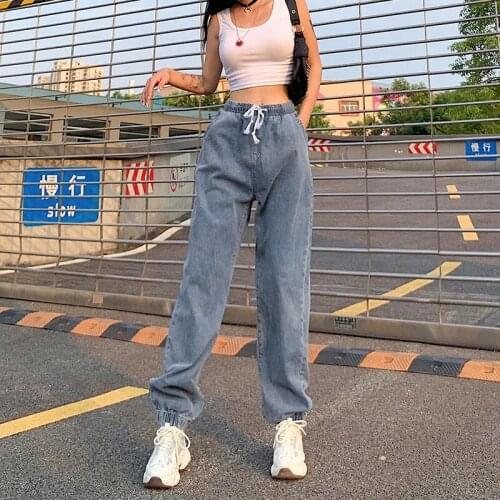Women Summer Loose Solid Color Jeans Spring Adults Casual Style Drawstring Pocket High Waisted Pants (Blue)
