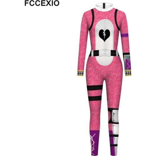 FCCEXIO The Party Series Cosplay Pink hearts and Bows Print Jumpsuit Plus Size Long Sleeve Sexy Women Skinny Elastic Bodysuits