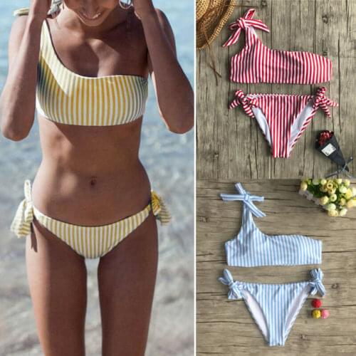 Women Striped Bikini Sexy One Shoulder Swimsuit Bandage Swimwear Female Bathing Suit Girls Summer Beachwear Biquini