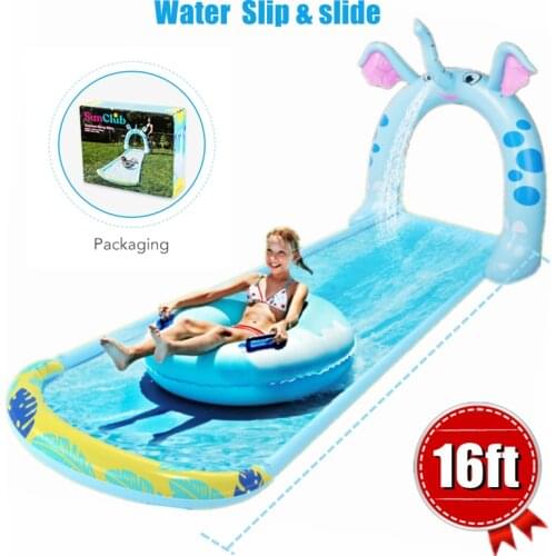 4.9M Surf Water Slip and Slide with Elephant Arch Sprinklers Inflatable Mat for Kids Outdoor Water Party Toys for Lawn Garden