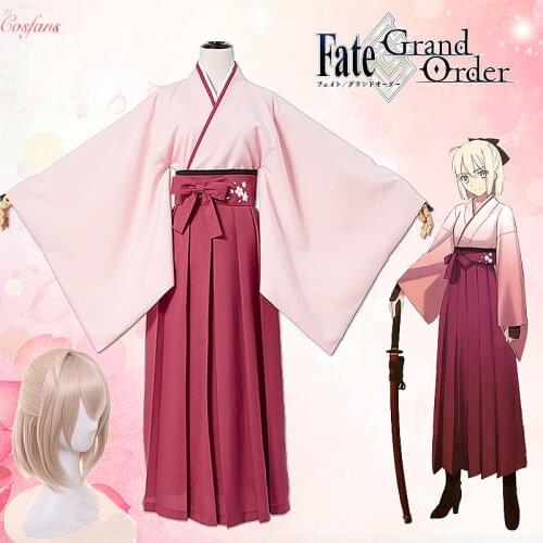 Anime FGO Fate Grand Order Sakura Saber Okita Souji Kendo Uniform Cosplay Costume Full Set Kimono Halloween Outfit with wig set