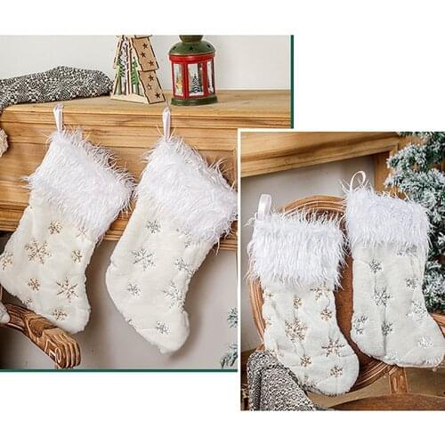 Snowflakes Embroidered White Plush Christmas Stockings Candy Socks Gifts Bag With Hanging Loops Xmas Tree Fireplace Decorations