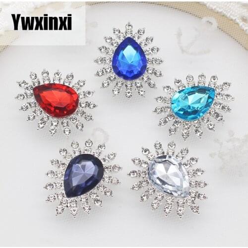 5Pcs 26*32mm New Water Drop Metal Jewelry Accessories Flat back Rhinestone Brooch DIY Wedding Party Decoration Matching fitting