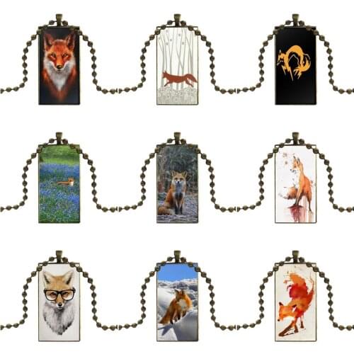 For Men Women Necklace With Bronze Plated Glass Cabochon Choker Long Pendant Rectangle Necklace Fox Fire Red
