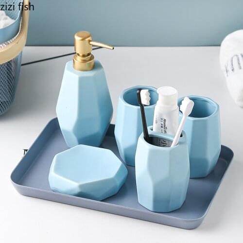 Ceramic Bathroom Accessories 5pcs/Set with Bath Supplies Storage Tray Portable Soap Dispenser Toothbrush Holder Soap Box Cup