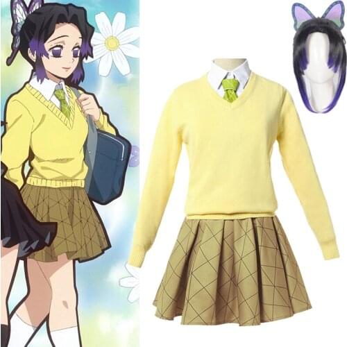 Demon Slayer Kimetsu No Yaiba Kochou Shinobu JK Uniform Shirt Skirt Set Cosplay Costume Wig Backpack Halloween Christmas Party