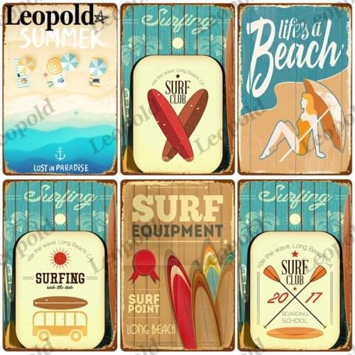 Summer Beach Metal Poster Retro Blue Metal Tin Sign Surf Club Wall Art Bar Surf Shop Home Decor Accessories