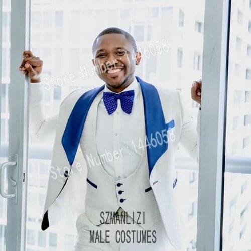 Men Suits For Wedding 2019 Custom Made Royal Blue Lapel White Paisley Wedding Party Suits Groomsmen Groom Mens Tuxedo Bridegroom