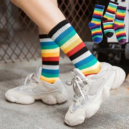 New Long Tube Rainbow Stripes Student Tide Brand Autumn and Winter Pure Cotton Color Fashion Colorful Candy Color Ladies Socks