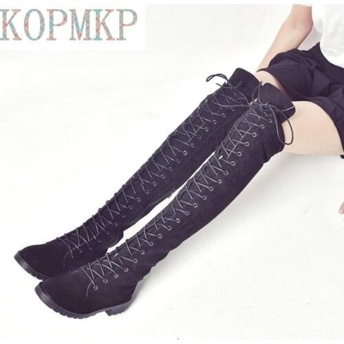 2021 New Lace Up Over Knee Women Boots Flats Shoes Woman Square Heel Rubber Kopmkp Flock Boots Botas Winter Thigh High Boots