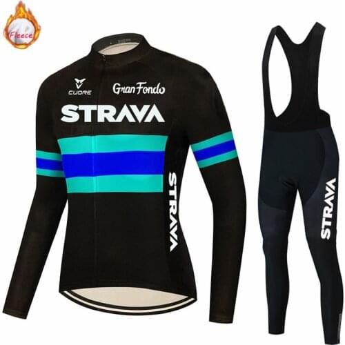 Warm 2021 NEew STRAVA Winter Thermal Fleece Cycling Jersey Set Men Bib Pants Outdoor Riding MTB Ropa Ciclismo Cycling Clothing