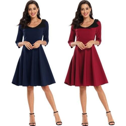 New Women Half Sleeve Dress Vintage O Neck A Line Dresses Casual Swing Dresses Cocktail Fashion Party Gown Knee Length Vestido