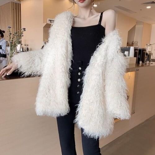 Faux Fur Coat Women White Loose Imitate Wool Overcoat Lamb Wool Knitting Loose Fashion Casaco Feminino Manteau Hiver Jacket