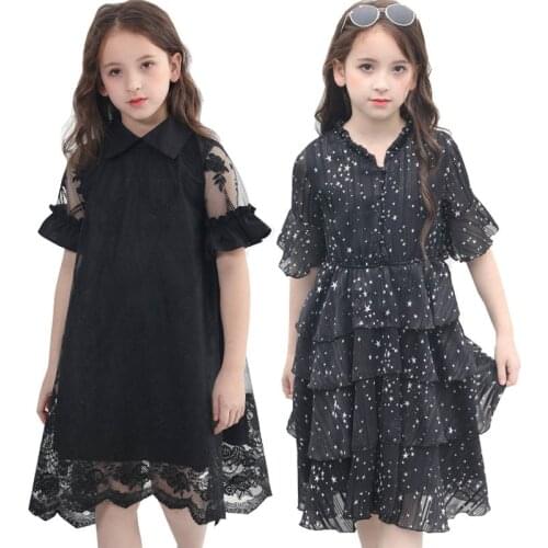 Teen Girl Dresses Summer Girl Clothes Chiffon Print Black Mesh Lace Party Girl Princess Dress 12 14 Years Kids Dress Children