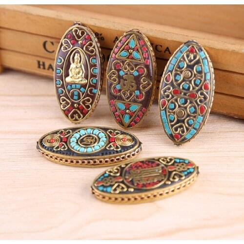 Handmade Buddha Yoga OM Spacer Charms Bead Retro Nepal Metal Inlay Bead Brass Tibet Charms for Jewelry Making DIY Accessories