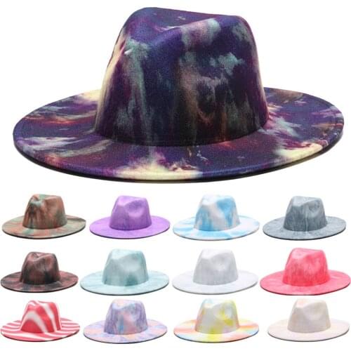 Fedoras hats for women men caps wide brim Tie dye winter women hat panama for man fascinator multicolor blue white felted hats