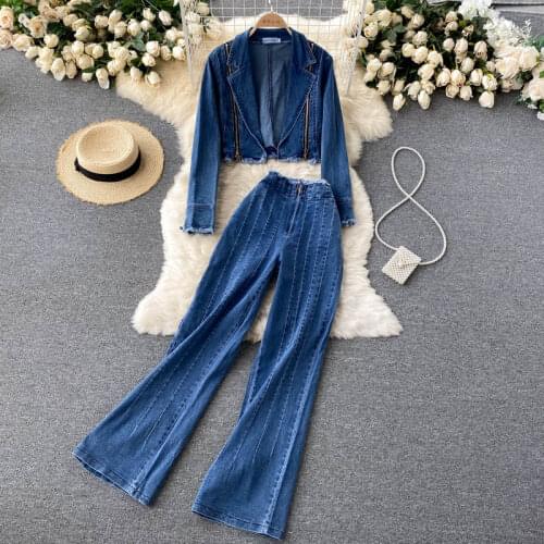 SINGREINY Women Autumn Winter Retro Denim Set Zipper Long Sleeve Short Outerwear+High Waist Wide Leg Long Pants Two Piece Suits