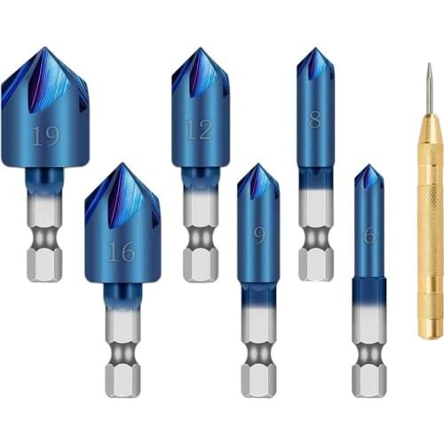 6Pc 1/4Inch Hex Shank HSS Counter Sink Drill Bit 90 Degree 5 Flute Nano Blue Coated Chamfer Tool Woodworking Drill Bits