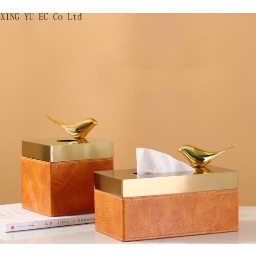 Light Luxury Leather Tissue Box Golden Bird Magnetic Rectangular Storage Drawers Living Room Coffee Table Decoration Accessories